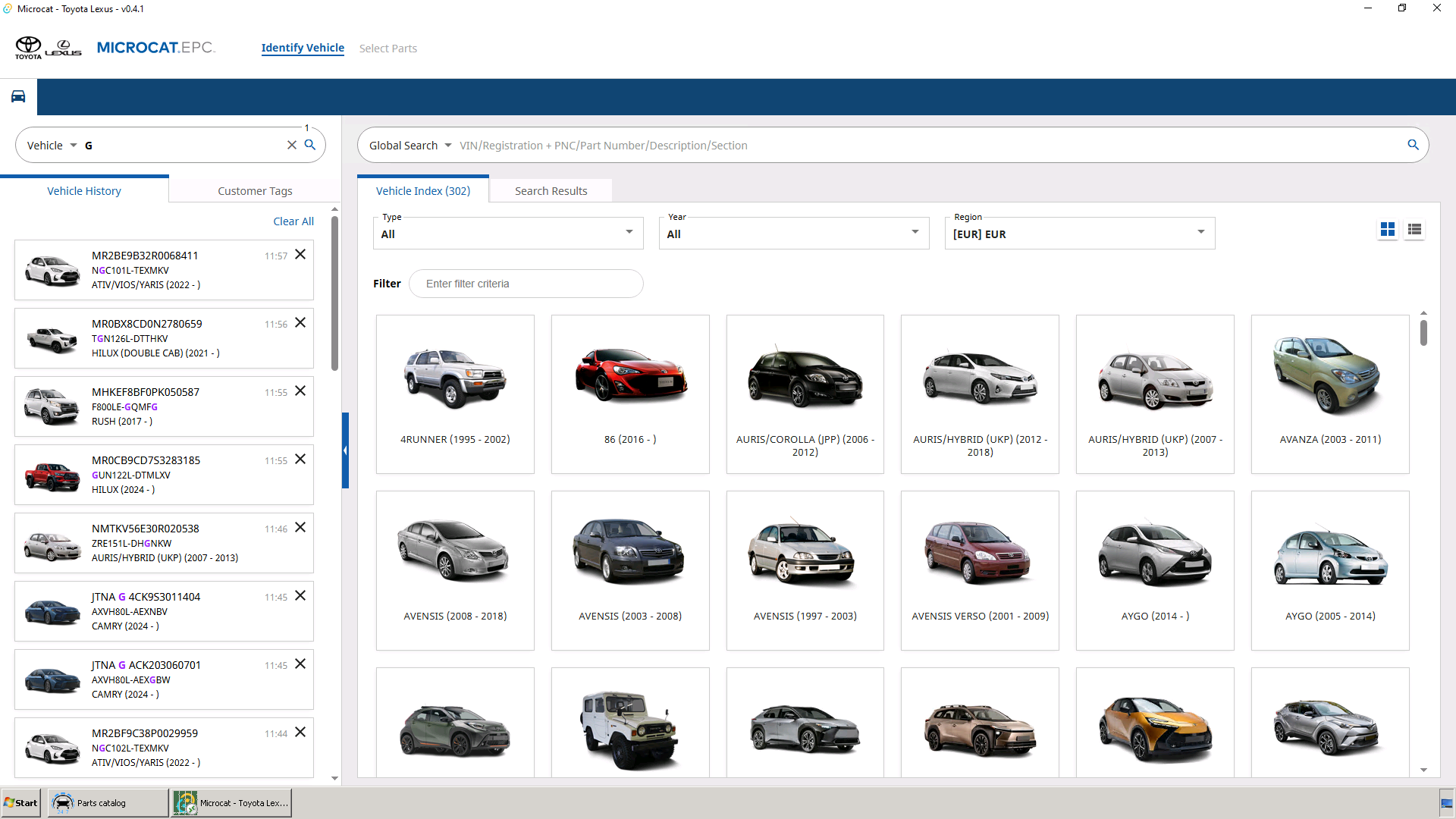 Toyota MCAT katalog ekranı